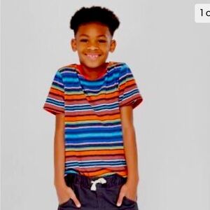 Cat & Jack Boys' Short Sleeve Striped T-Shirt Blue Orange Multi Stripe Large